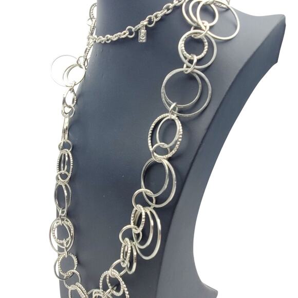 JLO Long Silver Tone Loop Necklace Boho Circle Ring Round Link Flapper Chain Y2K - Picture 4 of 7